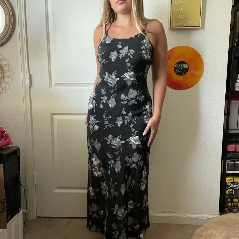 Vintage 90s Y2K DBY Black & Gray Floral Lace Up Back Maxi Evening Dress Sz 7